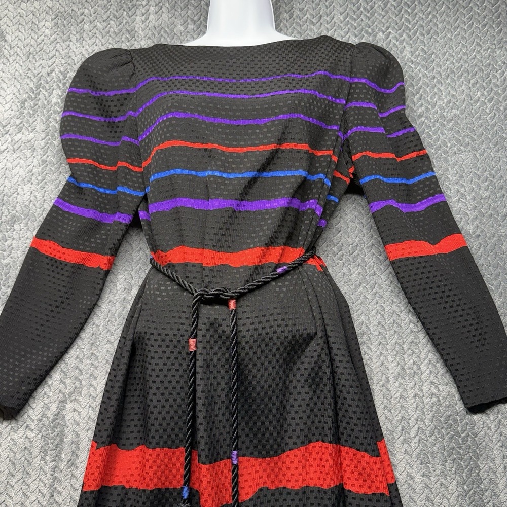 VTG 70s Mollie‎ Parnis Women's M  Maxi Dress Black Striped Long Sleeve Designer